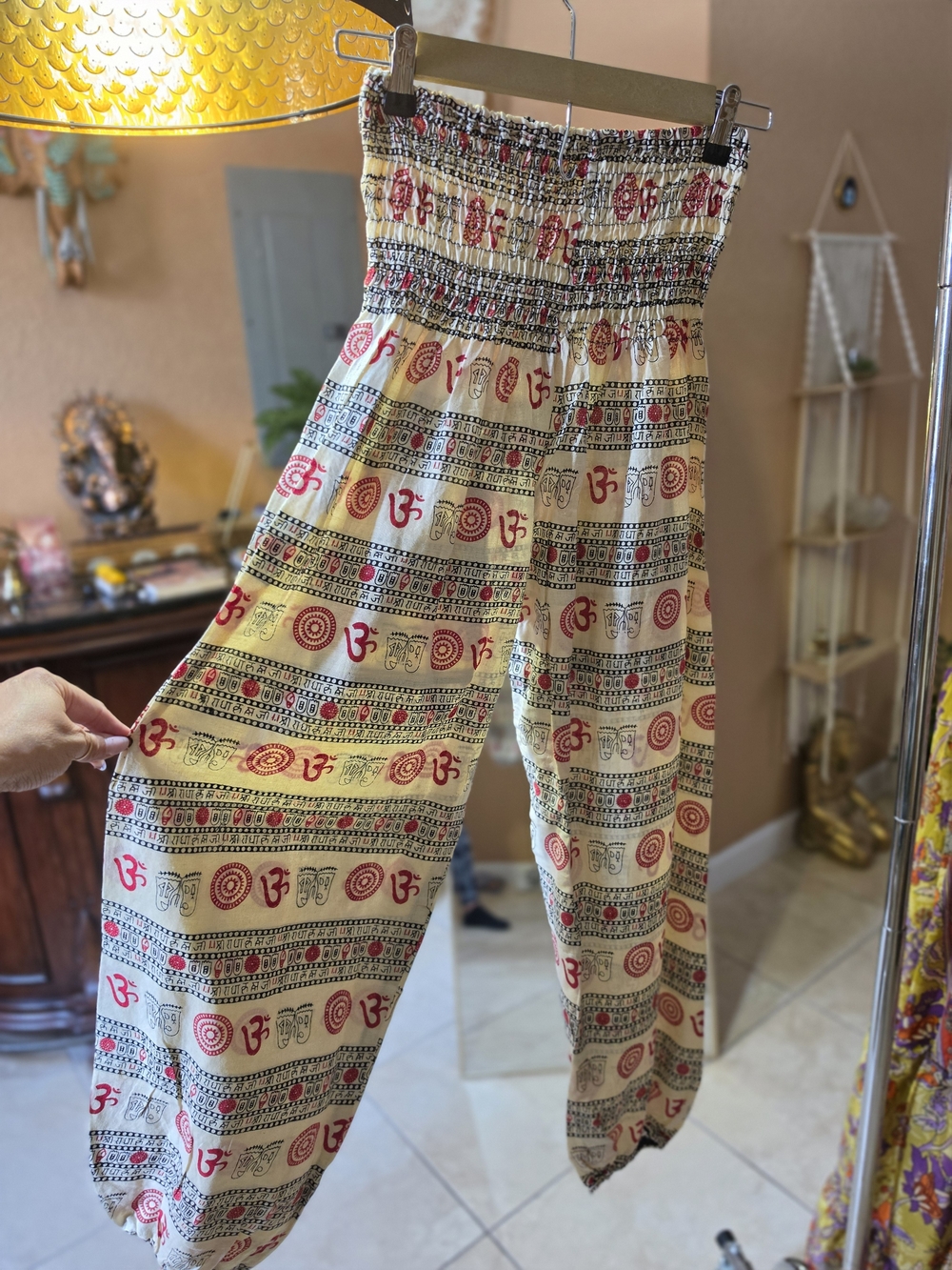 Boho Cotton Smocked High-Waist Printed Harem Pants - Cream & Red Brand New